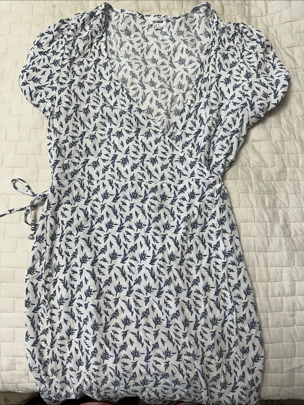 Cotton On White Wrap Dress with Navy Leaf Print